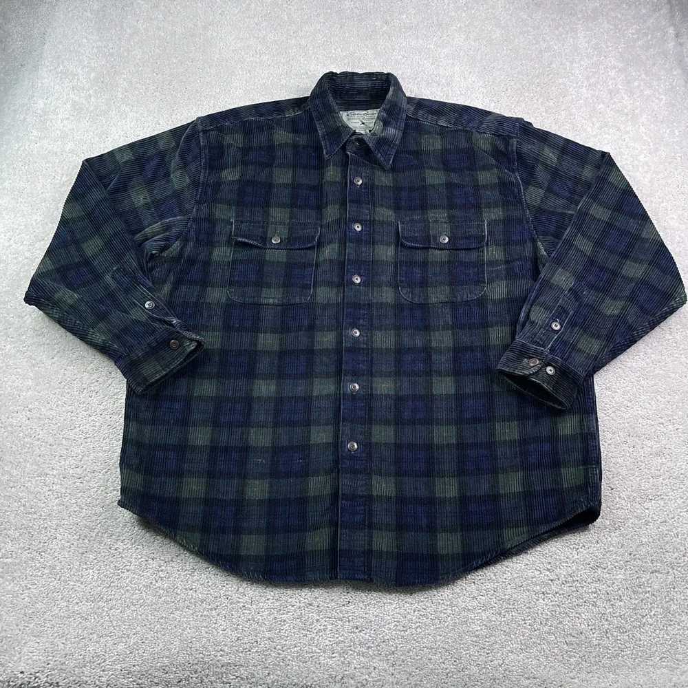 Vintage Eddie Bauer Shirt Mens XL Blue Green Plaid Wide Wale Corduroy Button Up